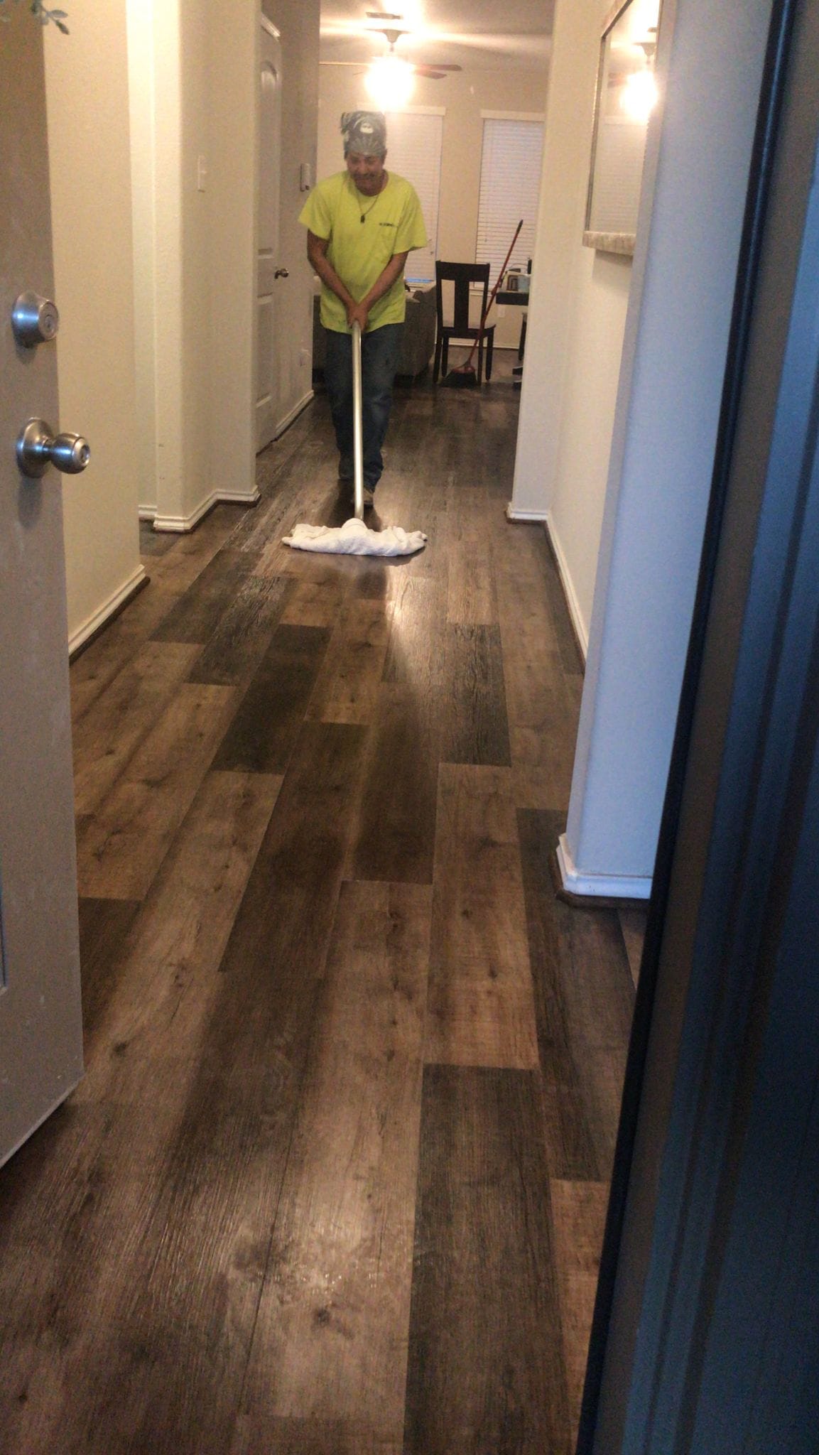 Refinished floor on the final pass