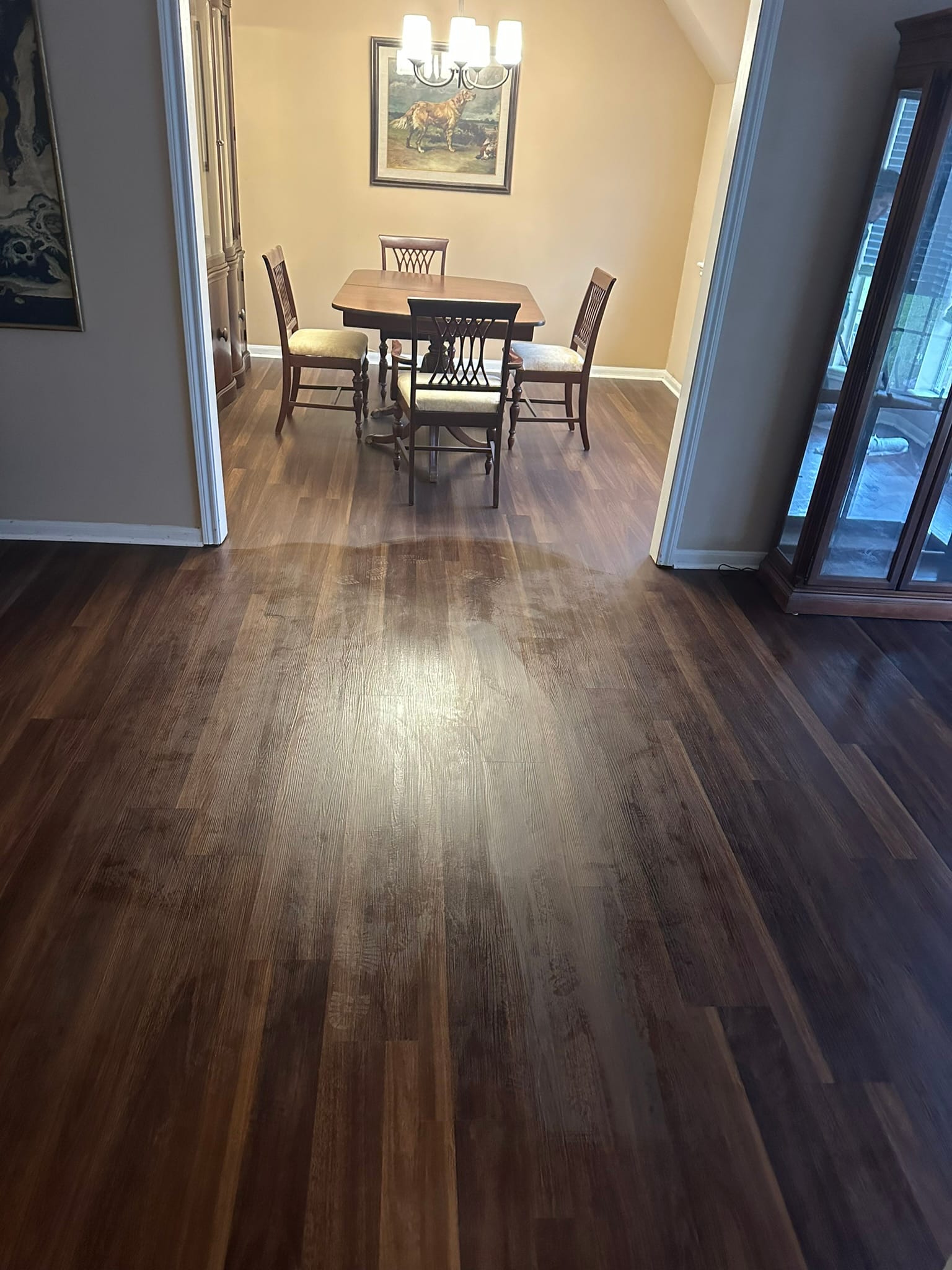 Refinished dark floor in a furnished dining room